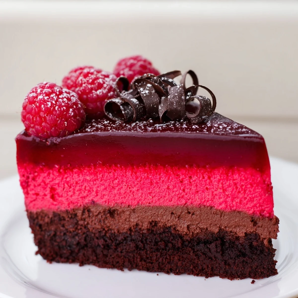 Creamy layers of raspberry chocolate mousse cake with a dark crust, garnished with powdered sugar and ripe raspberries.