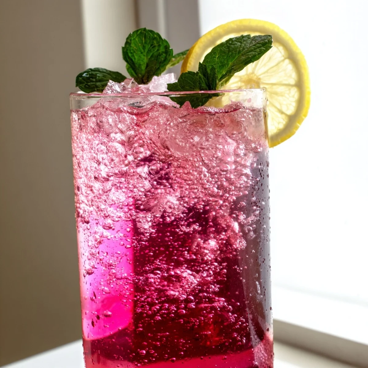 Sparkling honey lemon pink soda served over ice with fresh mint garnish