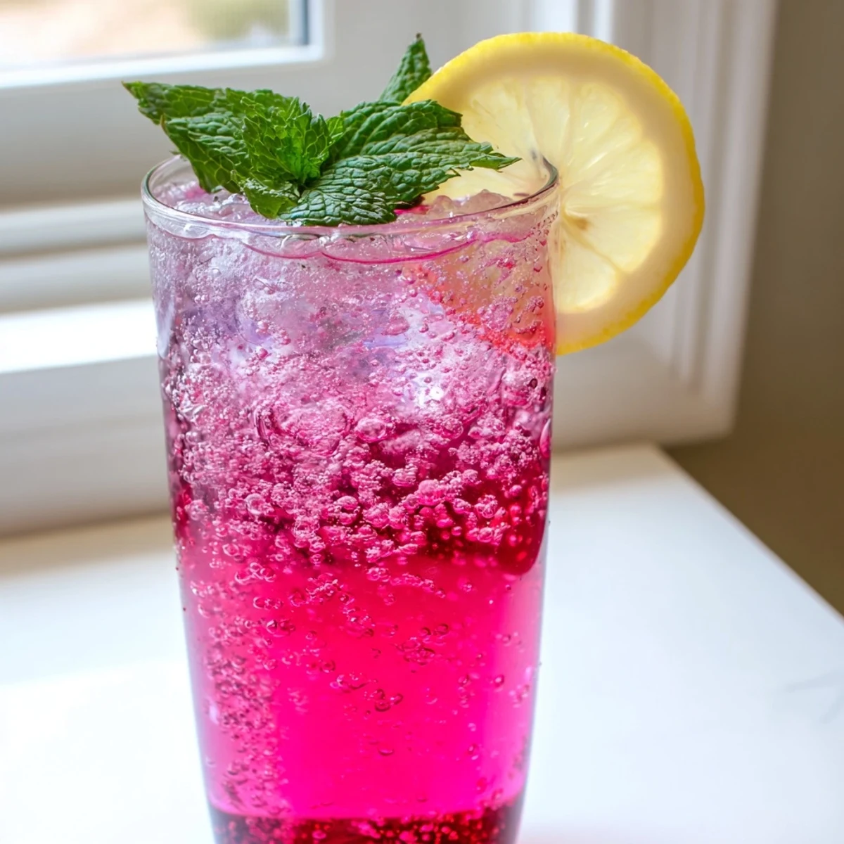 Bubbly honey lemon pink soda in tall glasses garnished with lemon slices