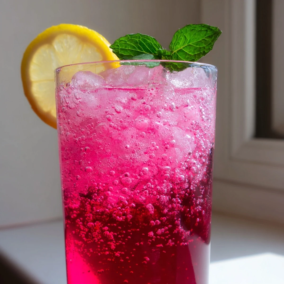Refreshing honey lemon pink soda with raspberry syrup and glowing color