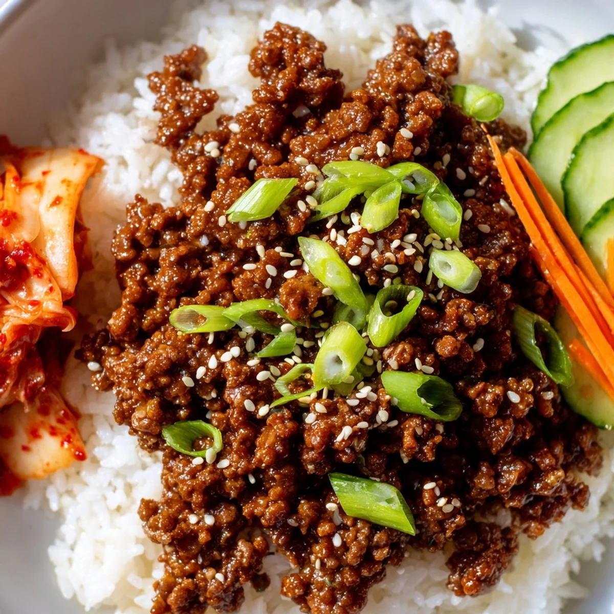 Korean Ground Beef Bowl with sesame seeds, julienned carrots, and steamed white rice