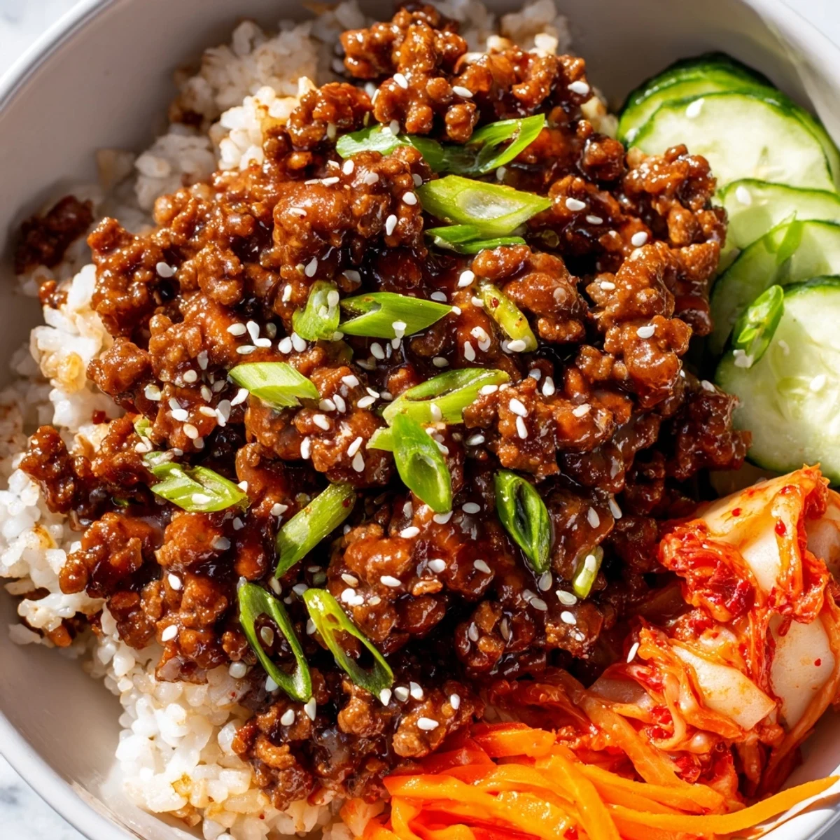 Savory Korean Ground Beef Bowl topped with green onions and fresh cucumber slices