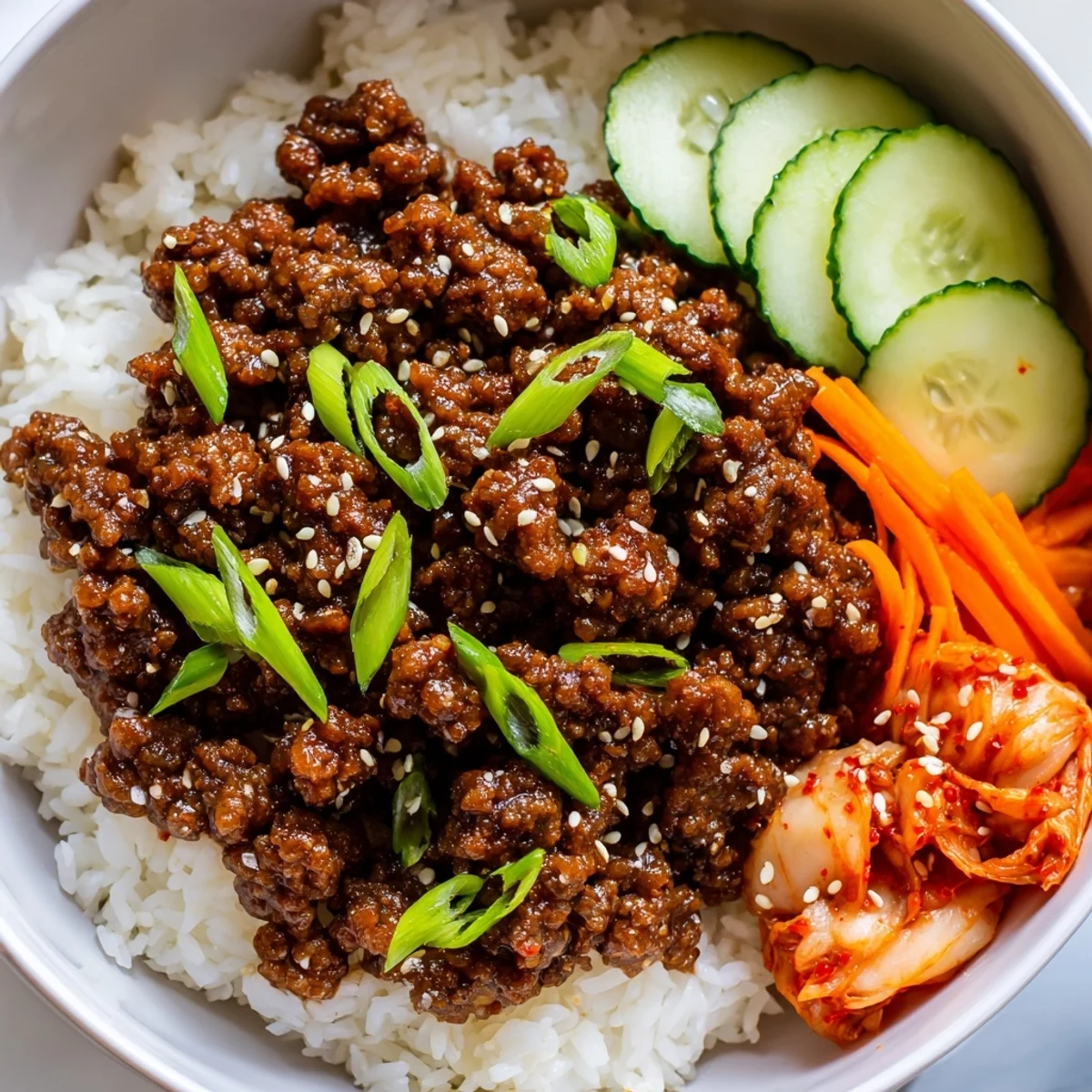 Warm Korean Ground Beef Bowl glistening with spicy sweet sauce over fluffy jasmine rice