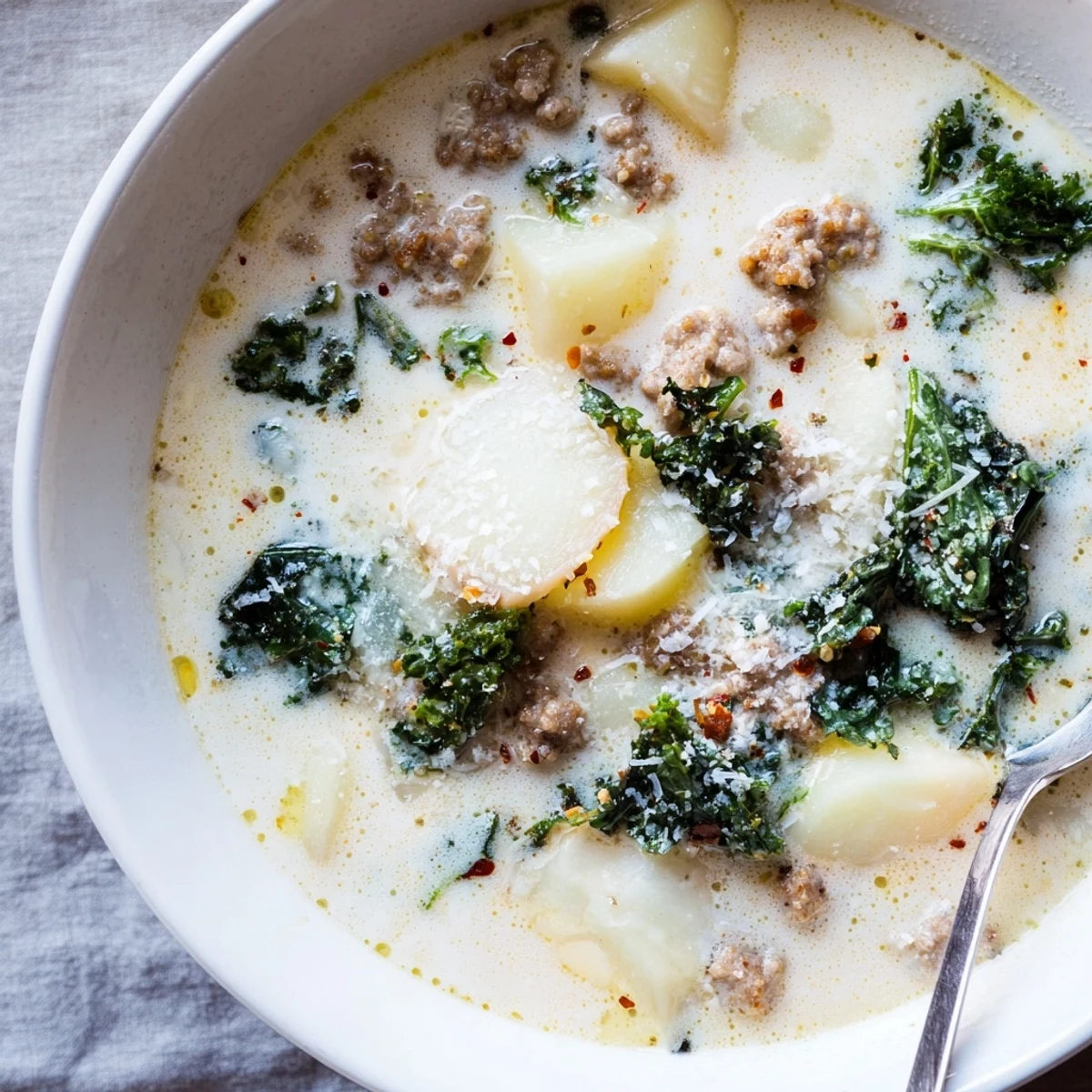 Creamy Zuppa Toscana soup with crumbled sausage, tender potatoes, and fresh kale served steaming in a rustic bowl.