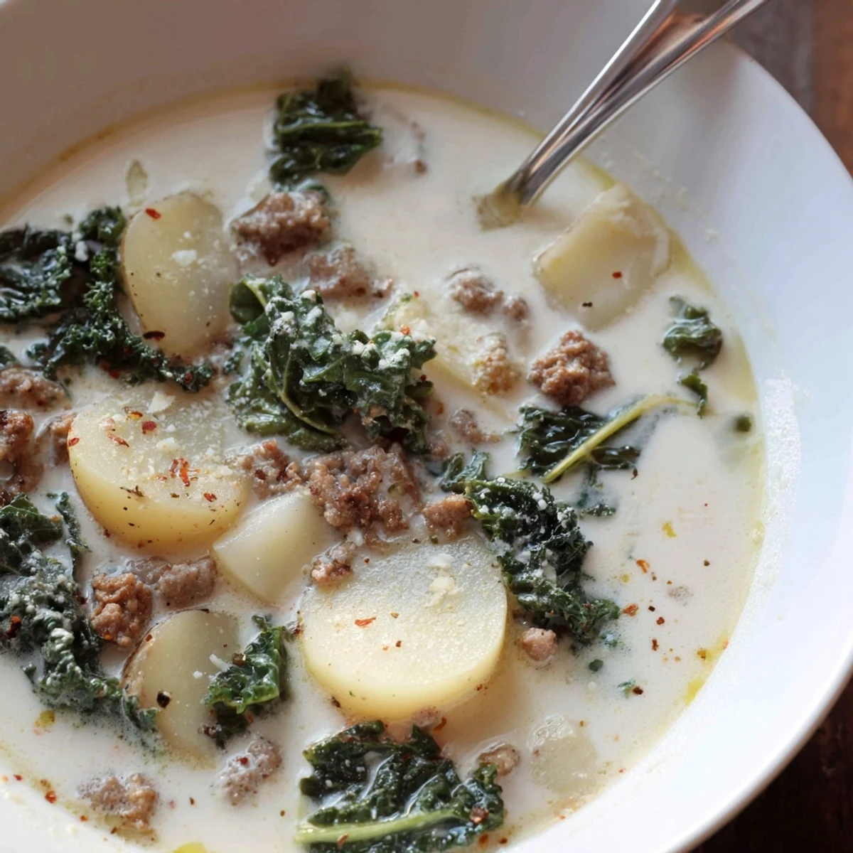 Hearty Zuppa Toscana soup ladled into a bowl, topped with Parmesan and a drizzle of olive oil.