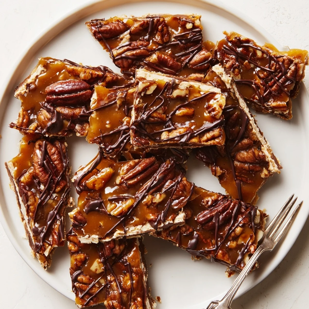 Homemade pecan pie bark broken into rustic shards with gooey maple caramel