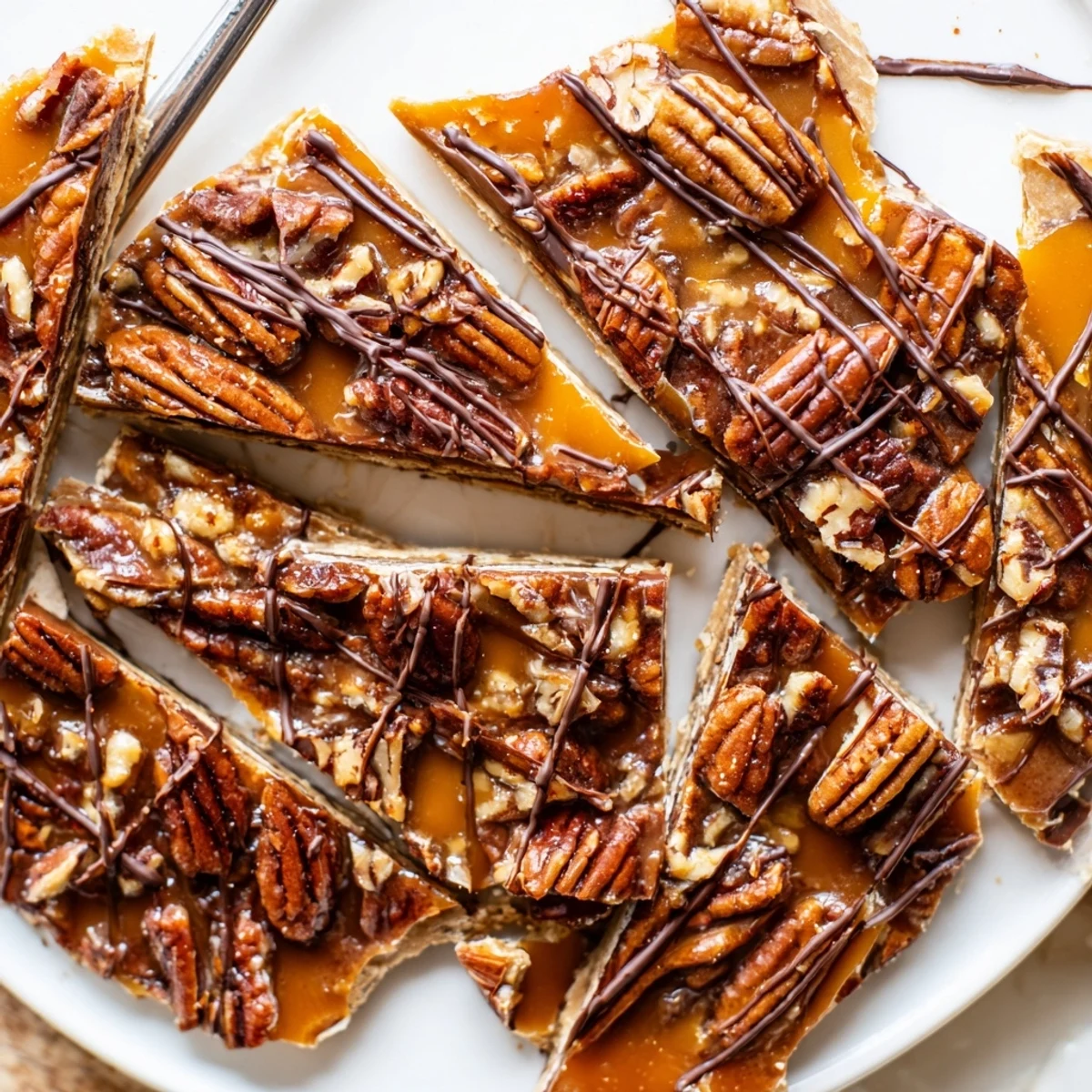 Golden pecan pie bark with caramelized topping drizzled in rich dark chocolate
