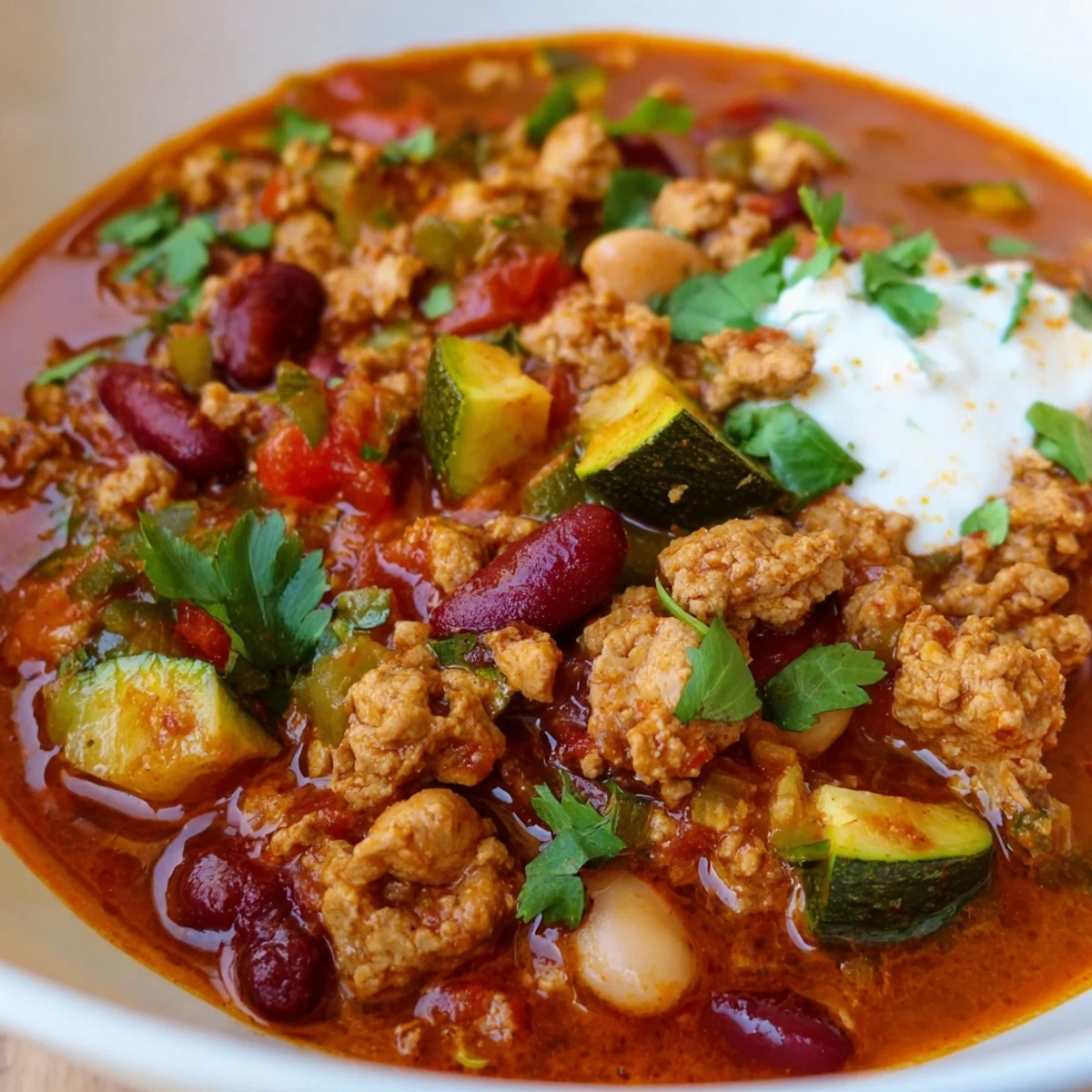 A steaming bowl of diabetic chili recipe topped with fresh cilantro and a wooden spoon resting nearby