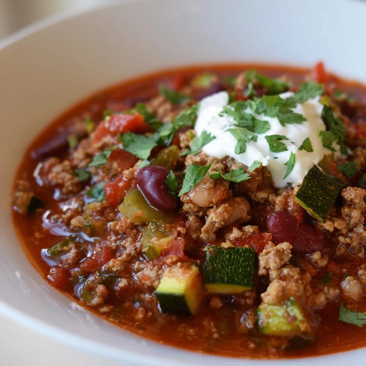 Thick hearty diabetic chili recipe loaded with diced vegetables kidney beans and rich tomato broth