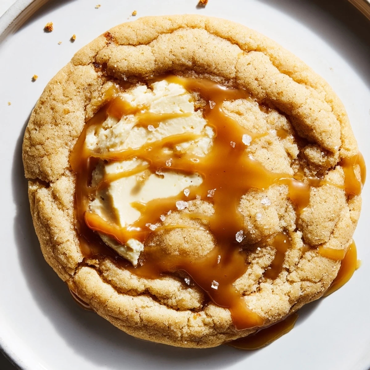 Golden caramel cheesecake cookies drizzled with glossy sauce on a rustic baking sheet