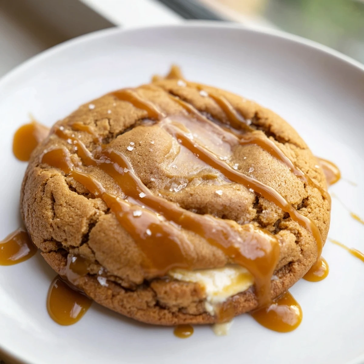 Soft caramel cheesecake cookies with creamy centers piled on a decorative white plate
