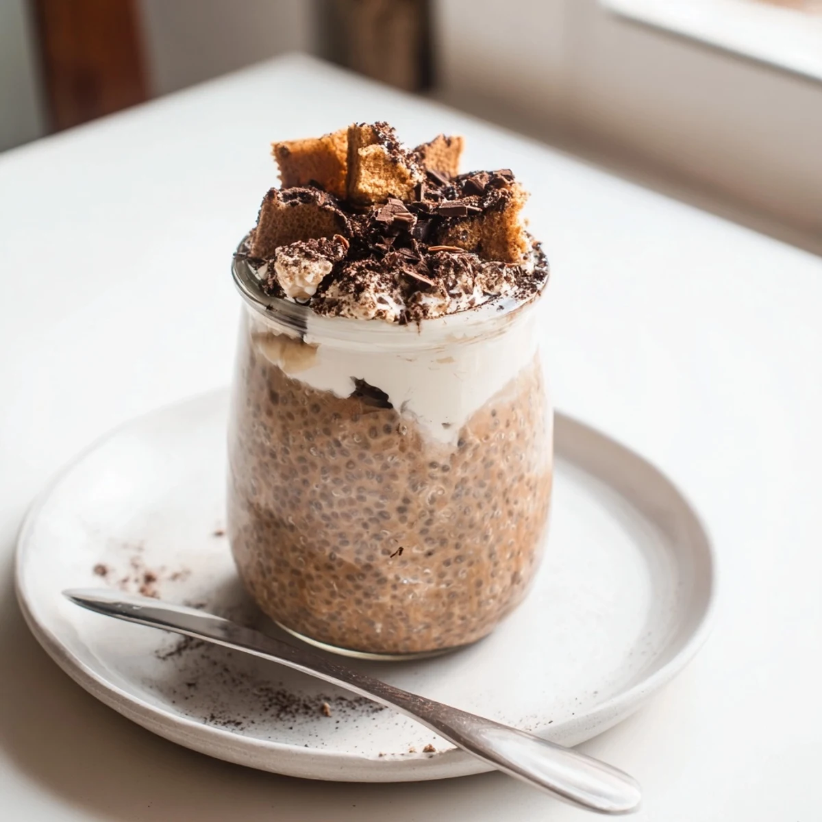 Creamy tiramisu overnight oats layered with mascarpone and dusted with cocoa
