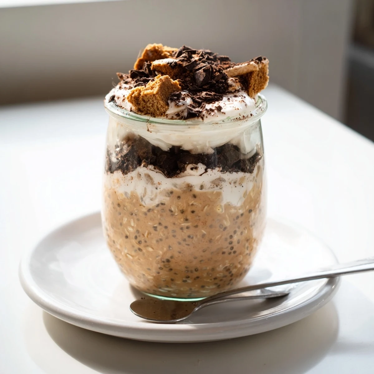 Rich coffee-soaked tiramisu overnight oats topped with dark chocolate shavings in a jar