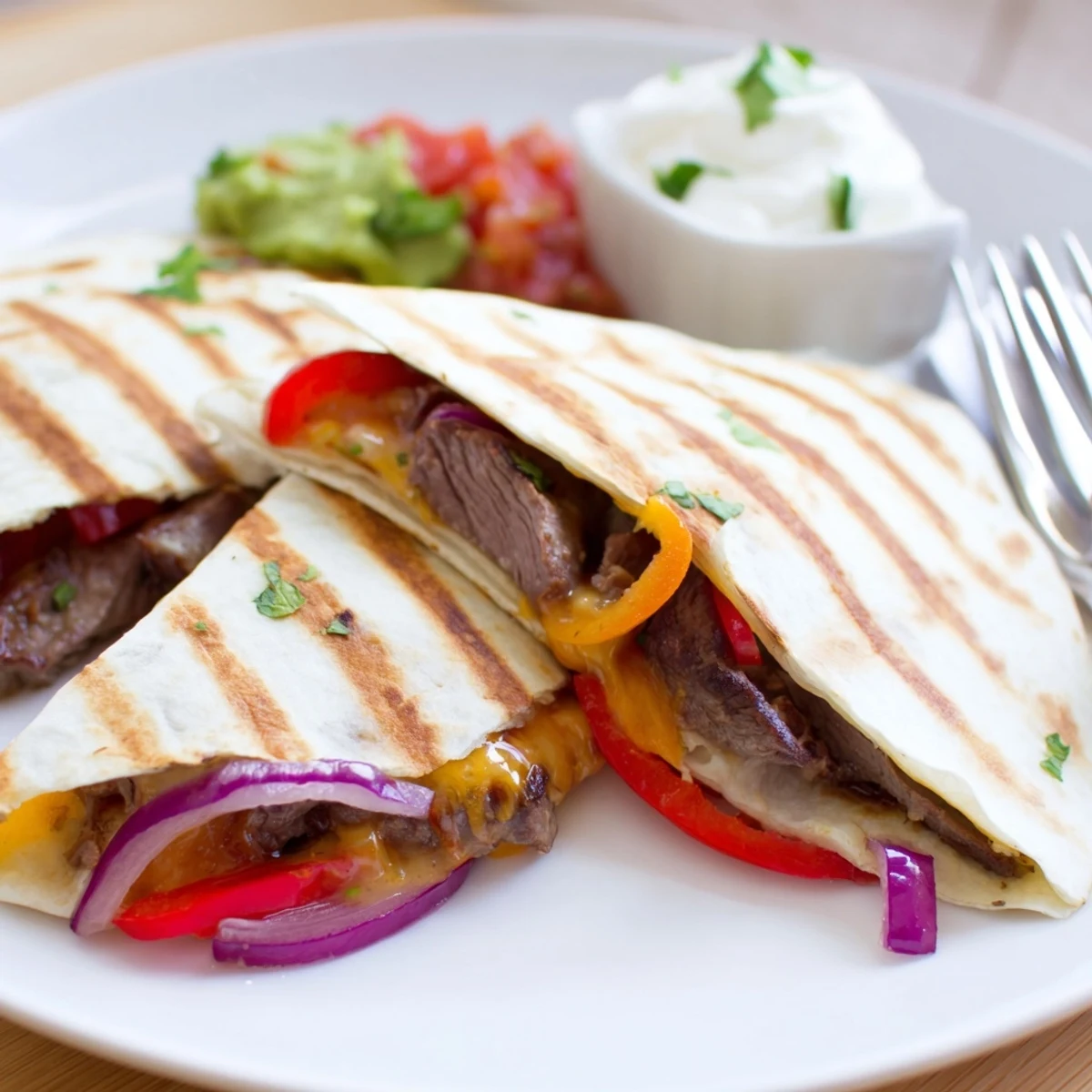 Steak quesadillas cut into triangles oozing with melted cheddar and topped with sour cream