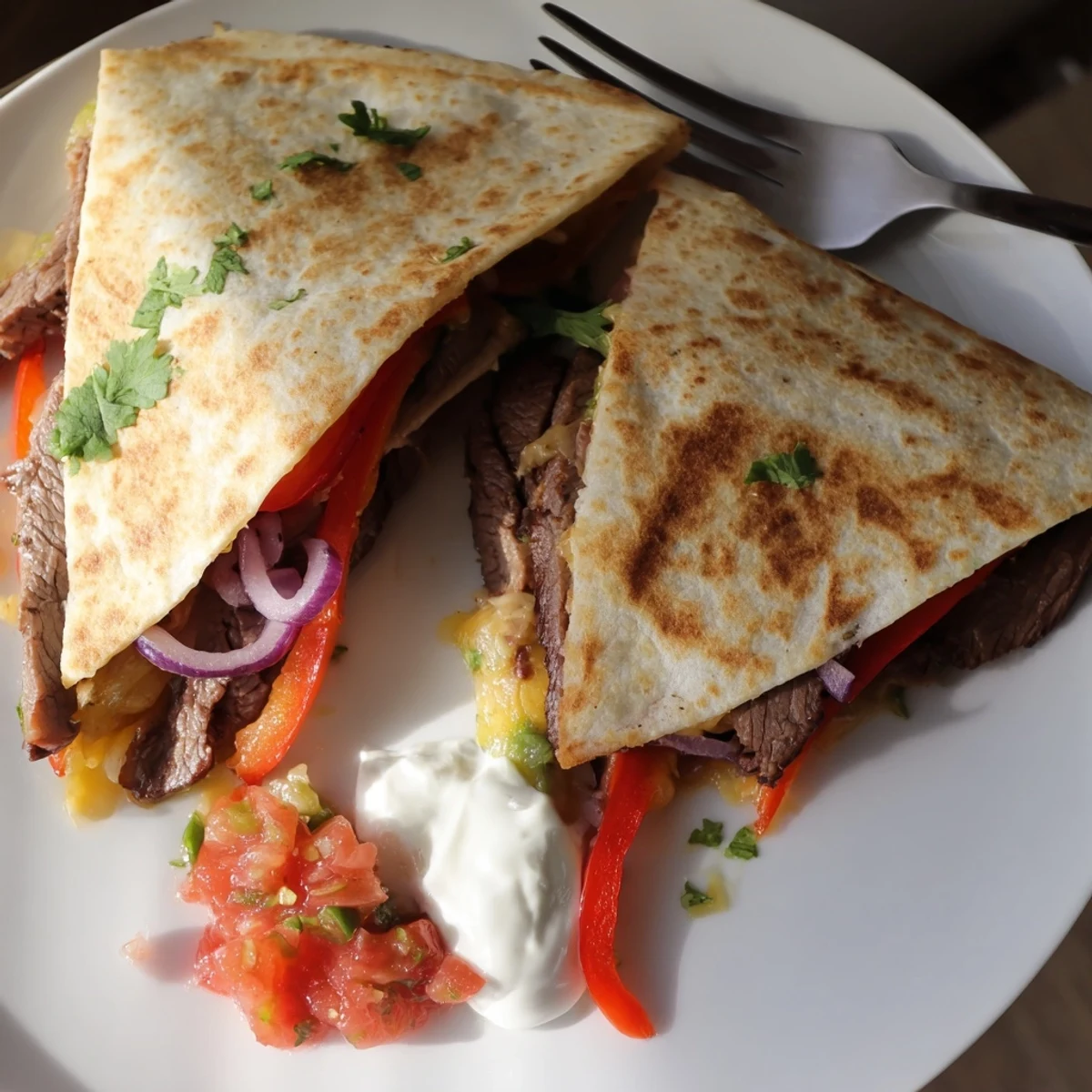 Crispy steak quesadillas filled with seasoned beef, vibrant bell peppers, and gooey Mexican cheese blend