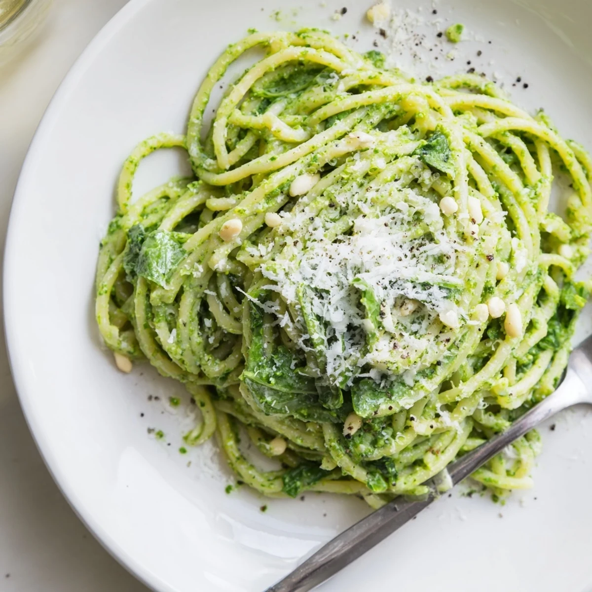Wild garlic pesto pasta twirled on a fork with freshly grated Parmesan on top