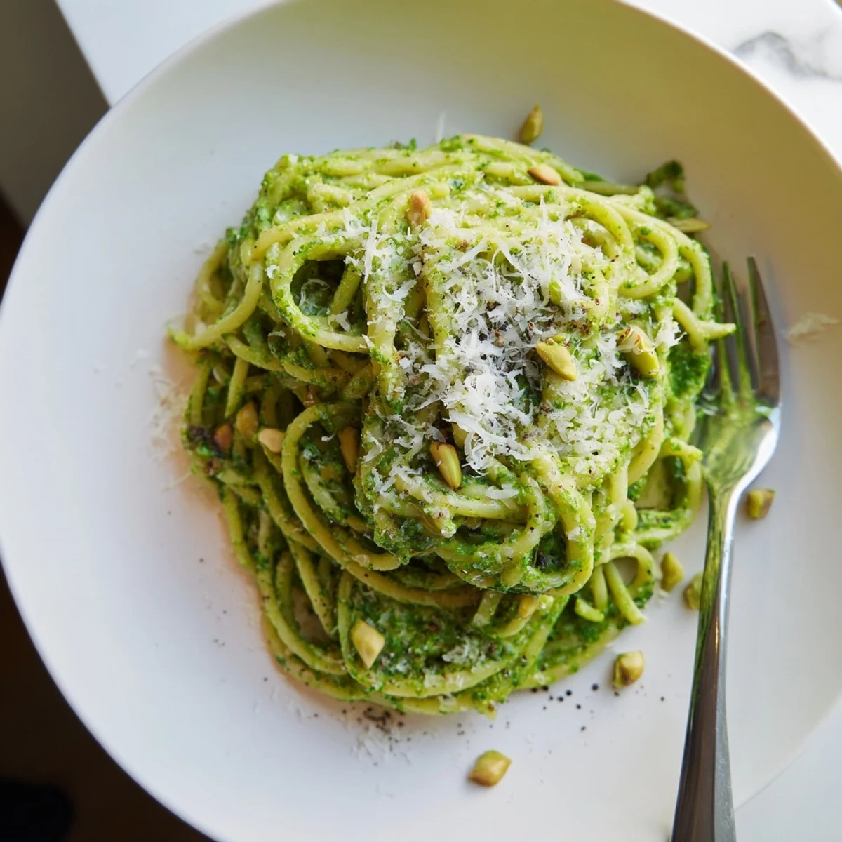 Steaming bowl of wild garlic pesto pasta garnished with cracked pepper and extra cheese