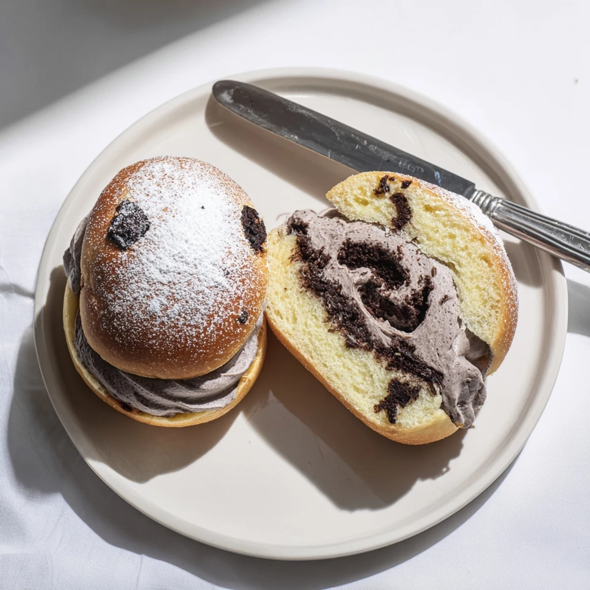 Italian Chocolate Maritozzi buns split open and overflowing with fluffy dark chocolate whipped cream
