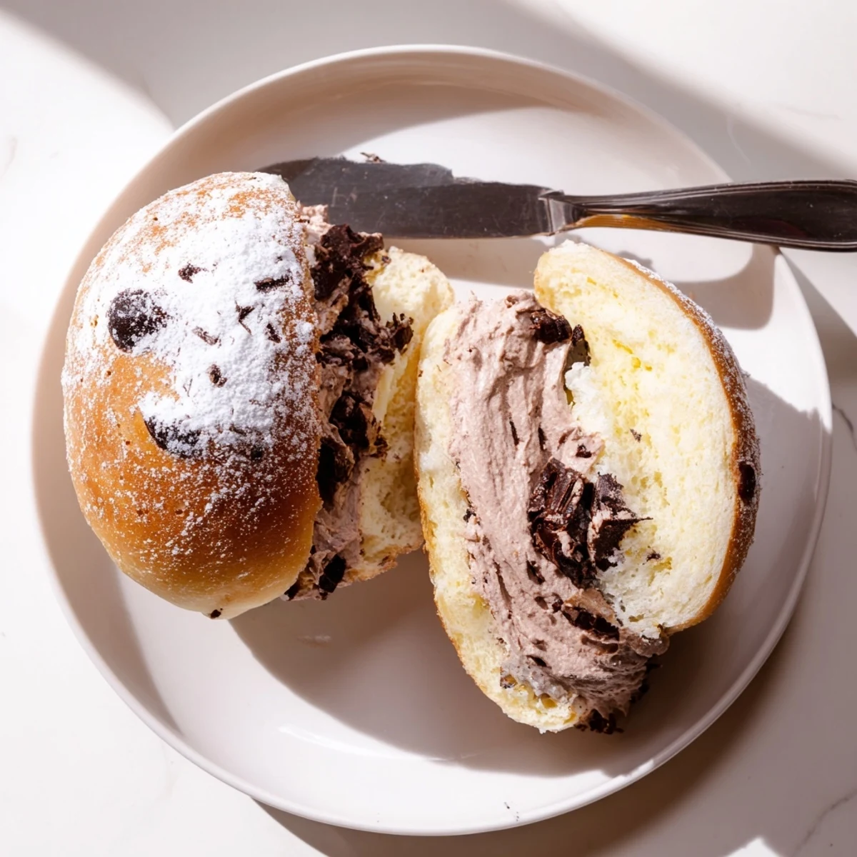 Pillowy Italian Chocolate Maritozzi ovals brushed with egg wash revealing rich chocolate chip-flecked interiors