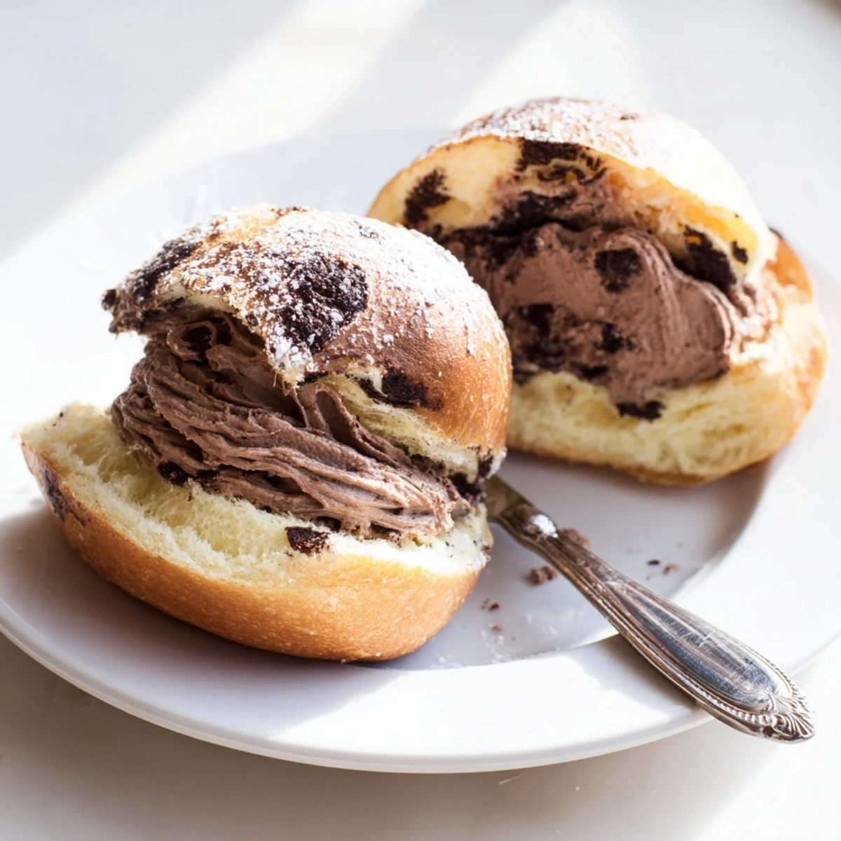 Golden cocoa-dusted Italian Chocolate Maritozzi nestled on parchment beside a steaming cappuccino cup