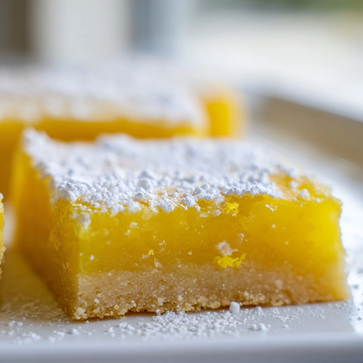 Golden simple lemon bars dusted with powdered sugar on a rustic cutting board