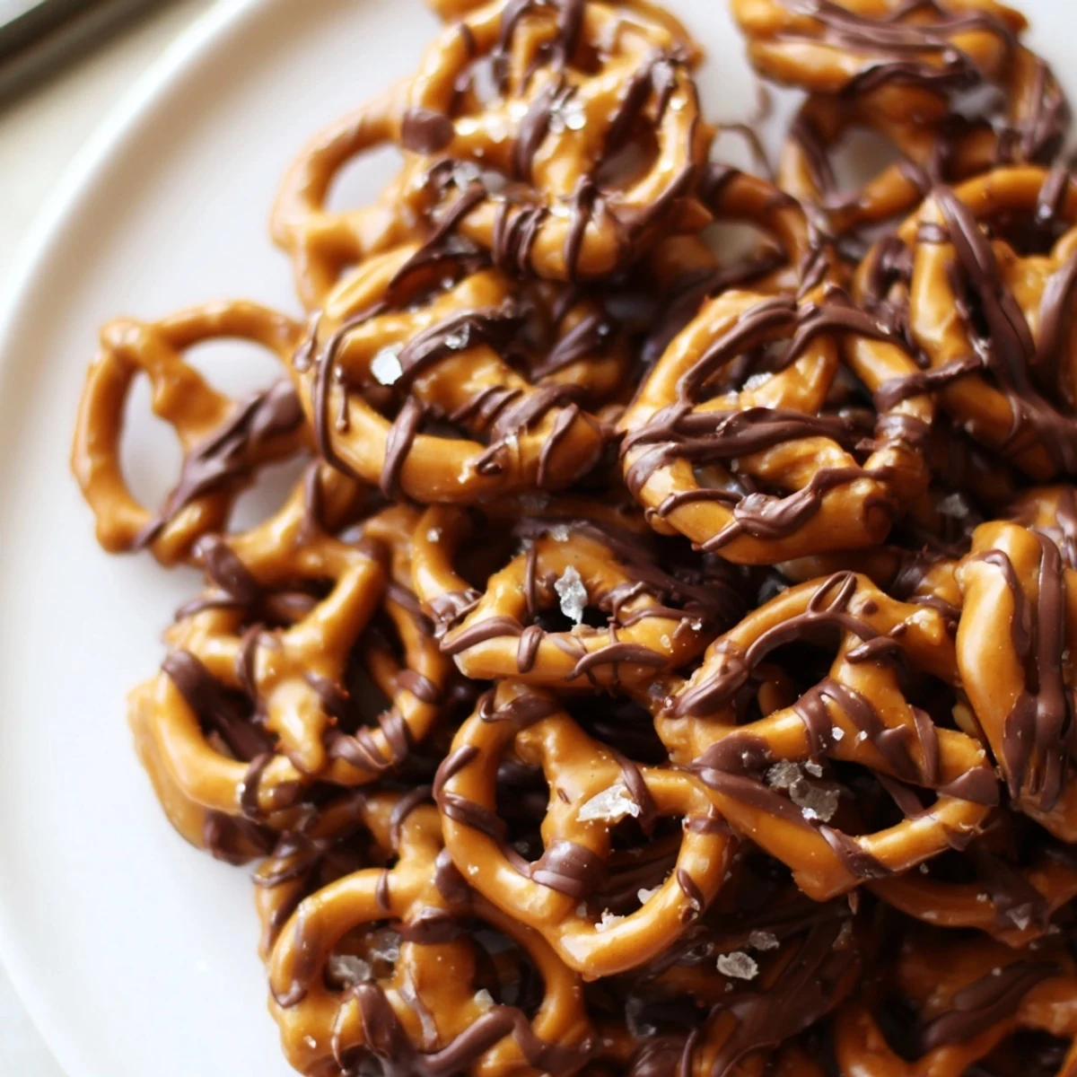 Golden butter toffee pretzels with chocolate drizzle on a parchment-lined baking sheet