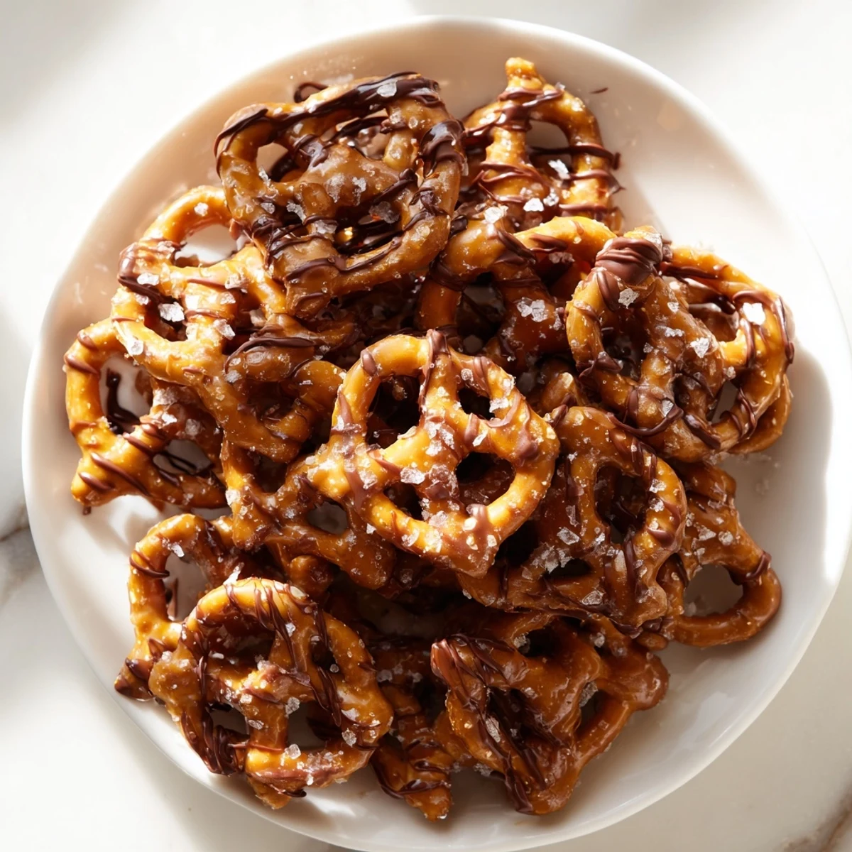 Crunchy caramel-coated butter toffee pretzels piled in a sweet and salty snack bowl