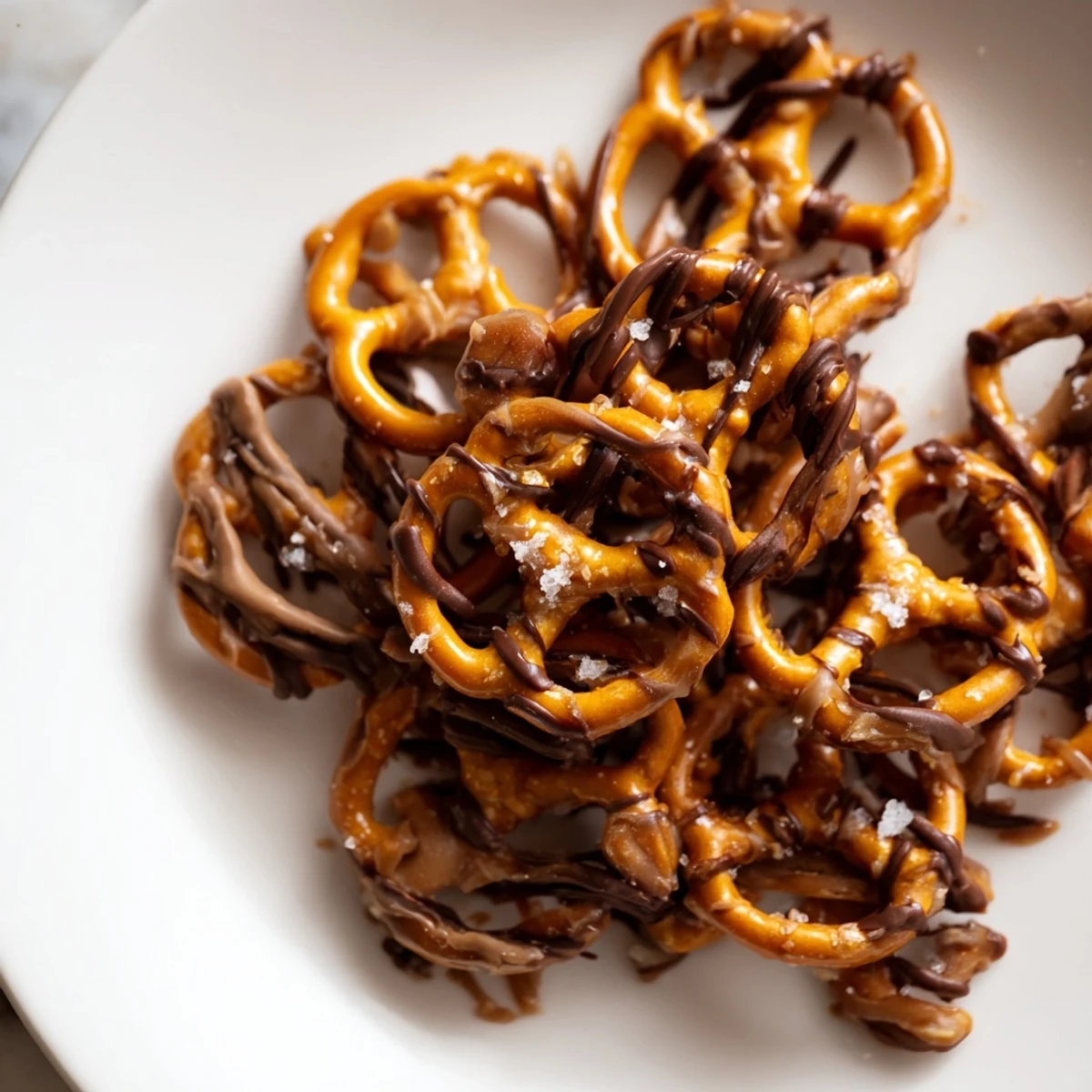 Glossy toffee-drenched mini pretzels drizzled with melted chocolate and sprinkled with sea salt