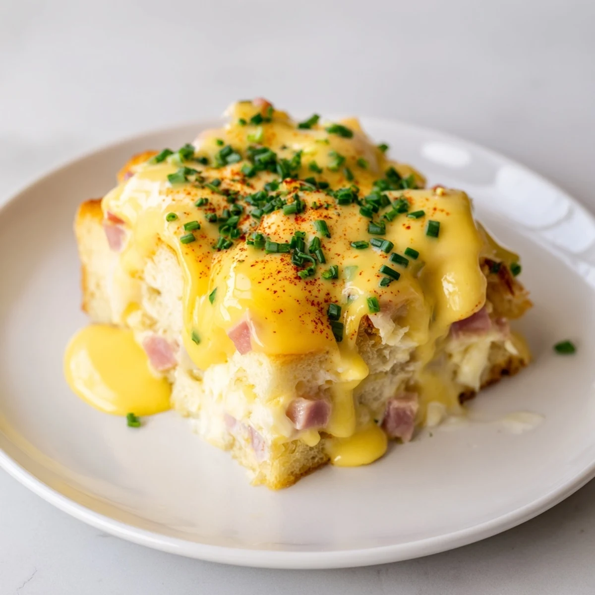 Golden baked Eggs Benedict casserole topped with creamy hollandaise and fresh chives.
