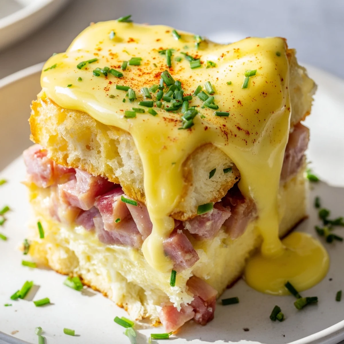 Bubbling hot Eggs Benedict casserole with layered ham and toasted English muffins.