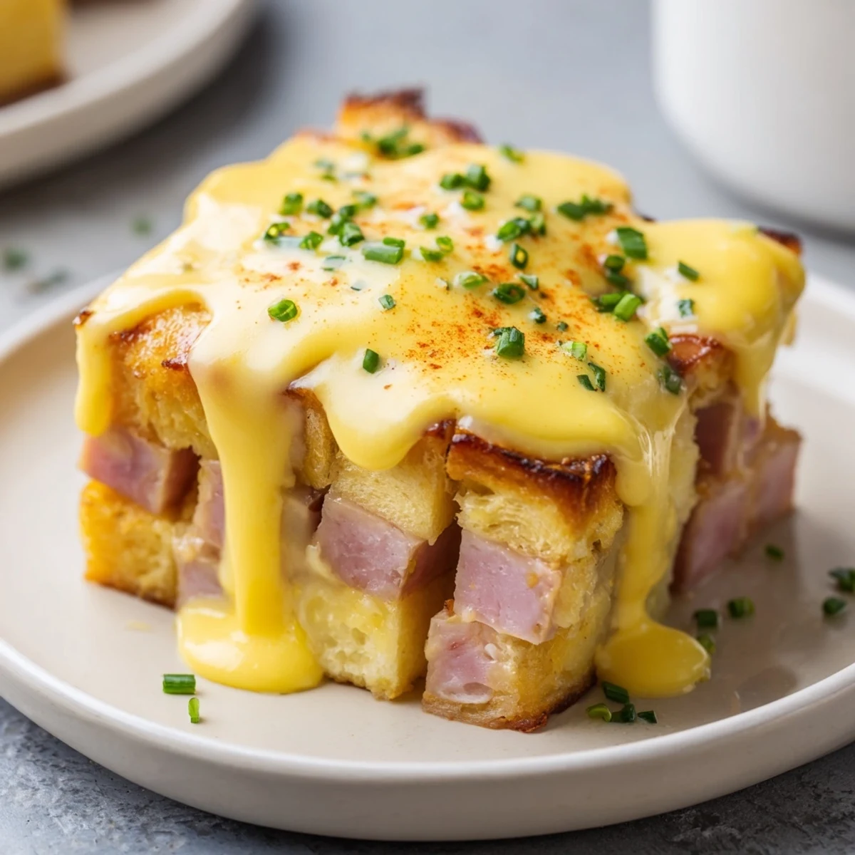 Steaming scoop of Eggs Benedict casserole drizzled in rich yellow buttery hollandaise.