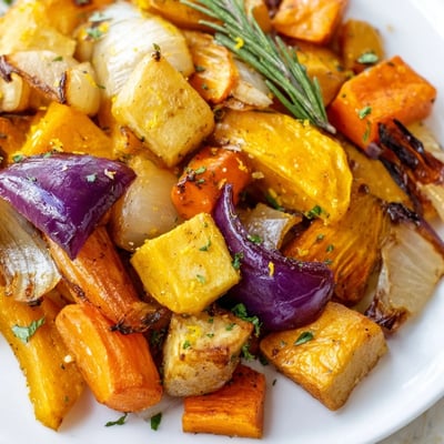 Fork-tender carrots and parsnips glistening with olive oil and rosemary in this rustic side dish.