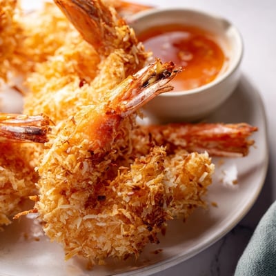 Freshly fried Crispy Coconut Shrimp with a crunchy coconut and panko crust, ready to dip into tangy Thai chili sauce.