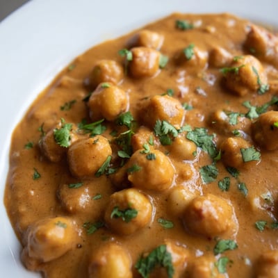 Golden, fluffy basmati rice topped with creamy Vegan Chickpea Tikka Masala, dotted with fresh cilantro.