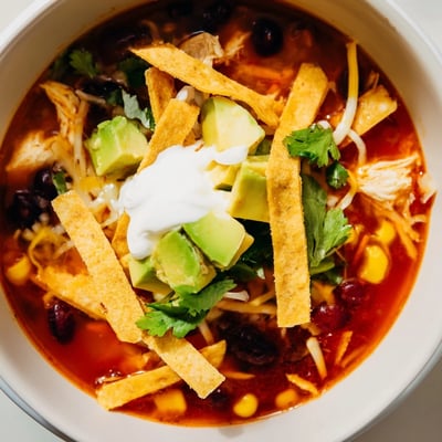 Spicy chicken tortilla soup steaming in a rustic bowl, garnished with fresh cilantro, lime wedges, and crunchy corn tortilla strips.