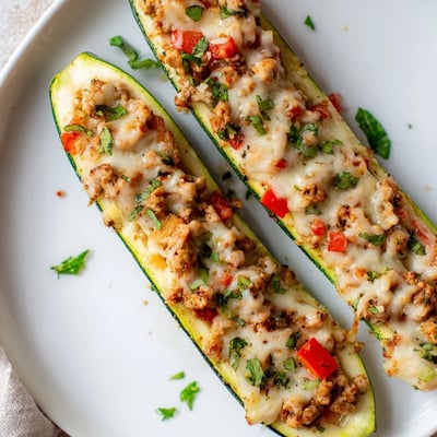 Roasted zucchini boats filled with savory chicken and bubbling mozzarella on a rustic plate.
