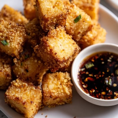 Fork-ready Crispy Tofu Bites with Dipping Sauce on a dinner plate beside fresh jasmine rice.