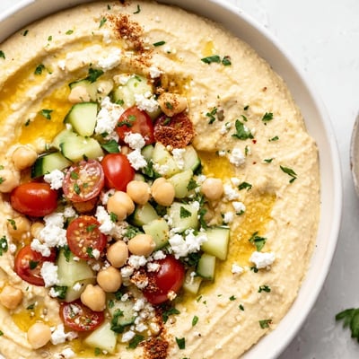 Spoonfuls of creamy hummus in a Mediterranean Hummus Bowl with crisp cucumber, cherry tomatoes, and chickpeas, ready to enjoy.