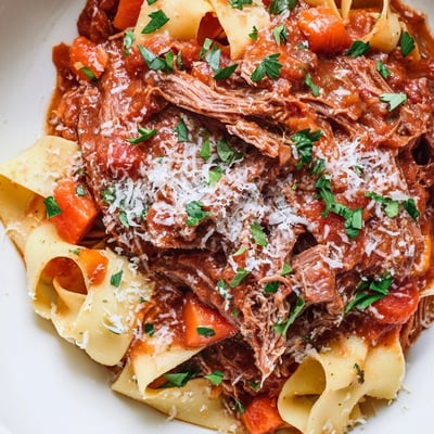 Close-up of tender shredded beef in Slow Cooker Ragu Sauce, simmered with red wine and aromatic Italian herbs.