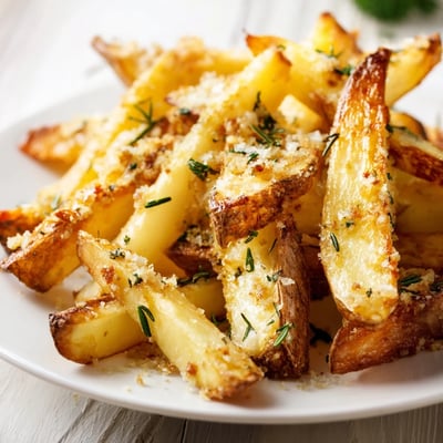 Freshly baked Roasted Fries with Garlic and Herbs served hot with a creamy dipping sauce.