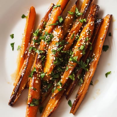 Sweet and savory roasted carrots with maple, finished with sesame seeds, pair beautifully with roasted chicken or turkey for dinner.  