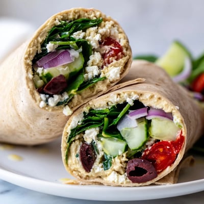 A Mediterranean Wrap sliced in half, revealing layers of spinach, cherry tomatoes, cucumber, and Kalamata olives.