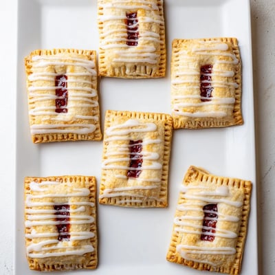 A close-up of Protein Pop Tarts with a flaky pastry crust, vibrant berry jam center, and a sweet vanilla glaze topping.