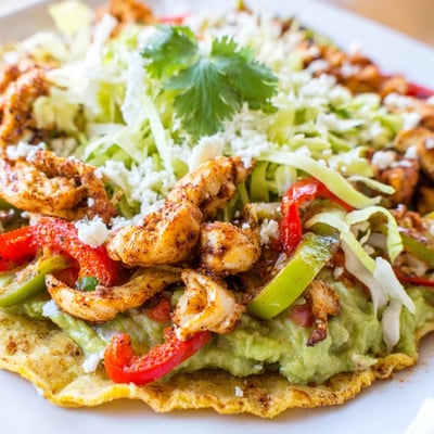 A close-up view of chicken veggie tostadas with melted queso fresco and fresh cilantro.