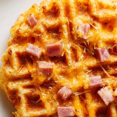 This image shows a Ham and Cheese Chaffle broken in half to reveal the fluffy, cheesy interior studded with savory ham pieces.  