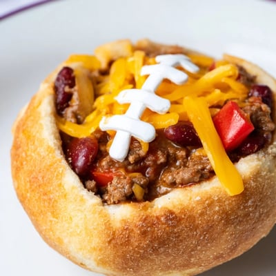 Mini Chili Football Bread Bowls with savory beef chili, gooey cheese, and fun sour cream detailing ready for a Super Bowl party.  
