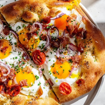 A close-up of golden Breakfast Focaccia with runny egg yolks, red onion, and fresh herbs.