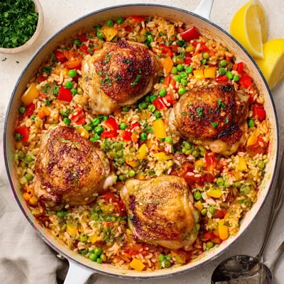 Vibrant One Pan Spanish Chicken and Rice Bake served family-style, garnished with fresh parsley and lemon wedges for a bright finish.