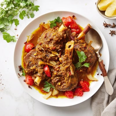 In a rustic pot, Slow Cooked Indian Lamb Shanks simmer alongside onions and spices for a hearty meal.