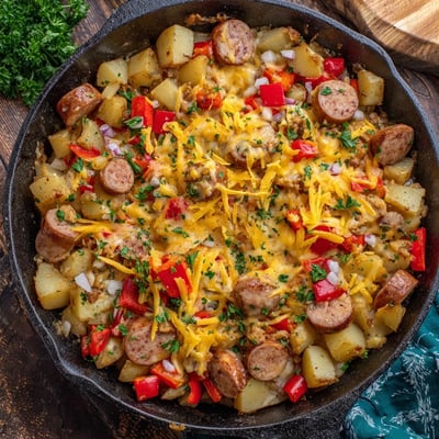 The Cheesy Sausage and Potato Skillet Bake pairs savory sausage with tender potatoes for a weeknight meal.